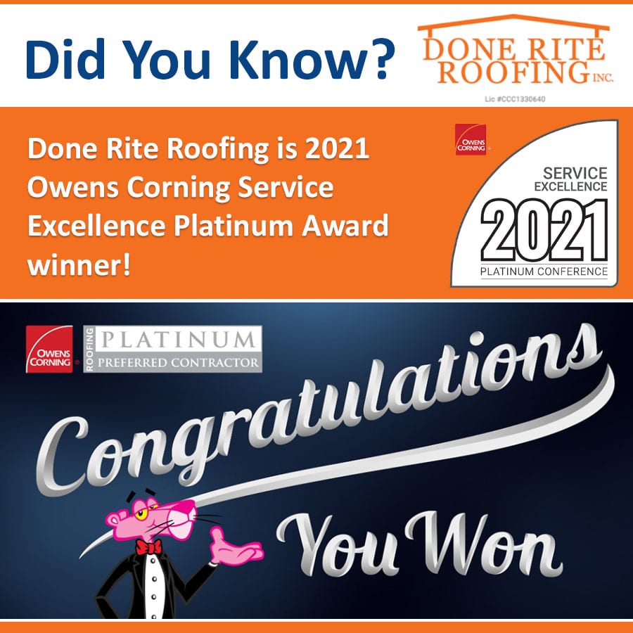 Done Rite Roofing is Owens Corning Service Excellence Platinum Award winner 2021!